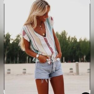 Rails Striped V-Neck Cinched Waste Tie-Front Top Size XS